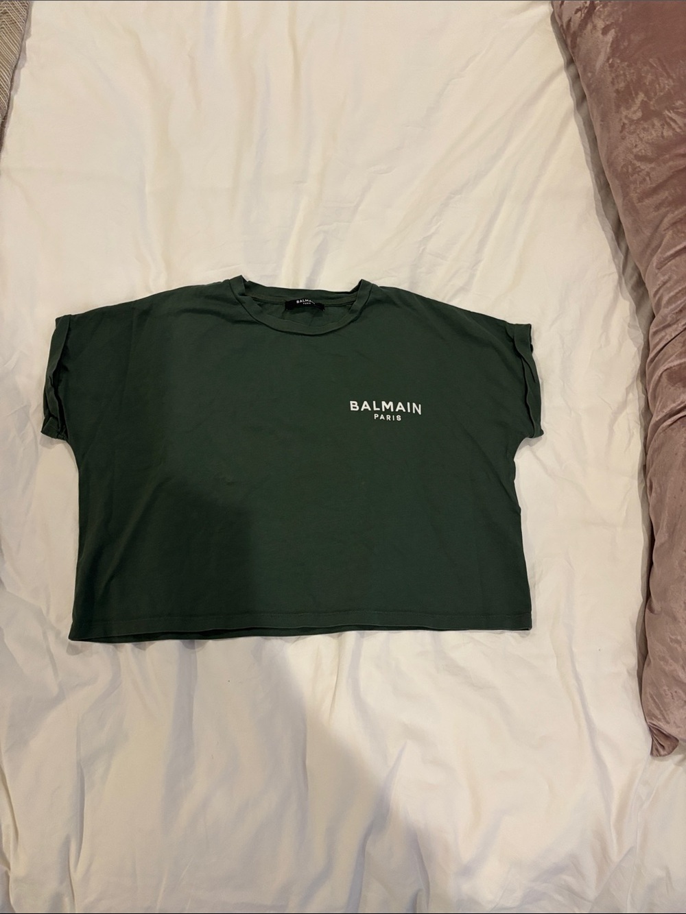 Balmain Dark Green Cropped Logo Tee